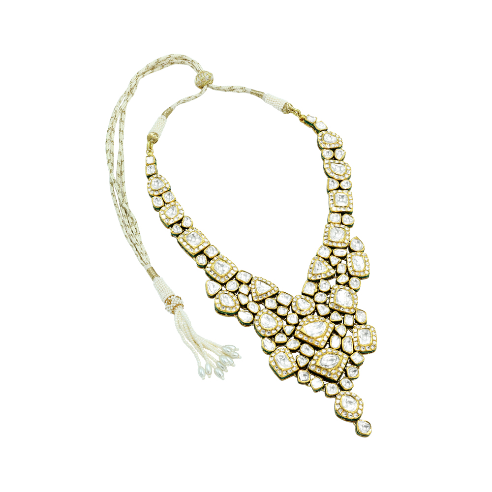 V-Shaped Polki Set with Cascading Uncut Diamonds